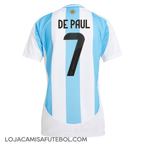 Camisa de Futebol Argentina Rodrigo De Paul #7 Equipamento Principal Mulheres Copa America 2024 Manga Curta